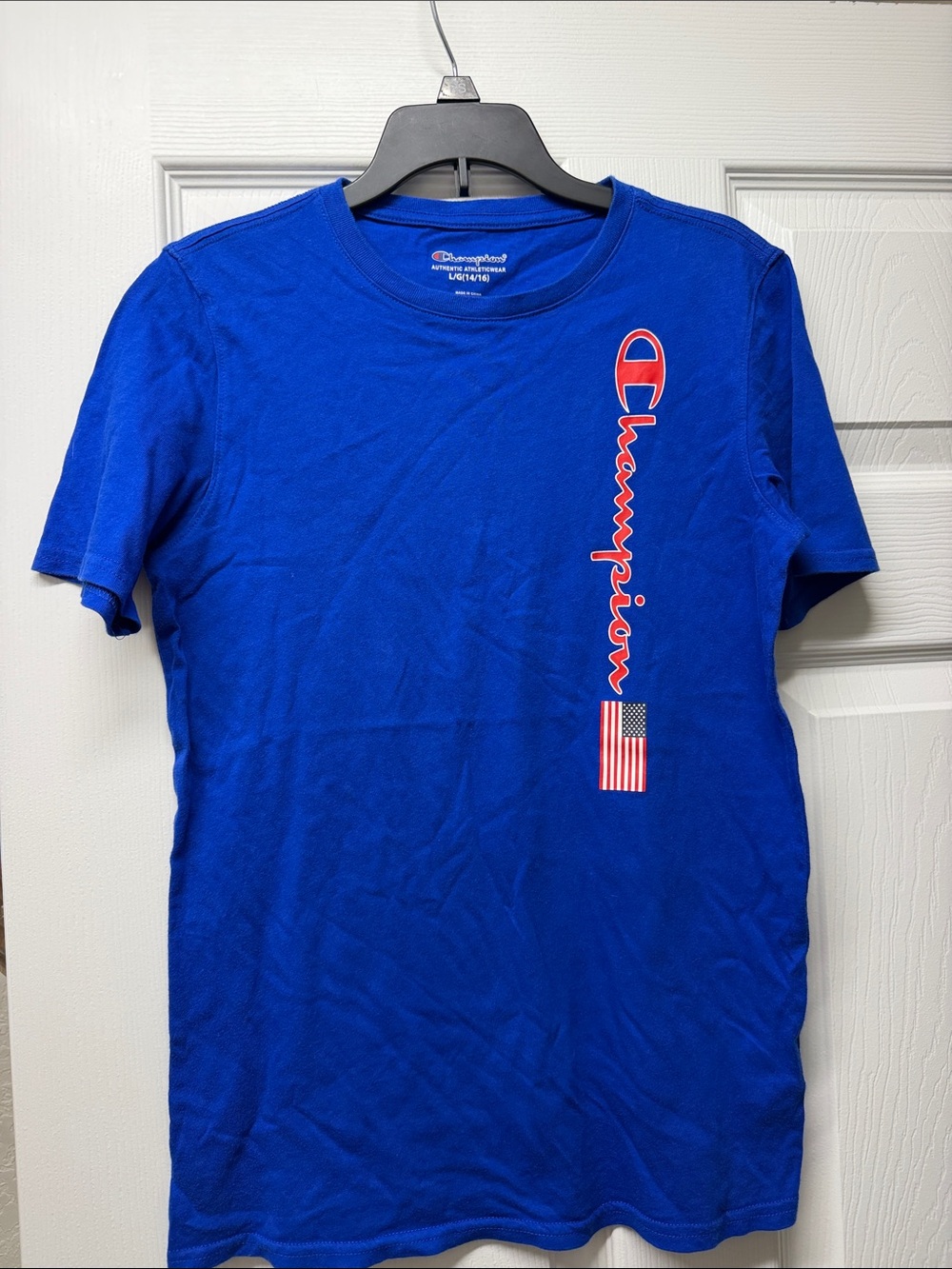 Champion Royal Blue Tee with Vertical Logo and Flag